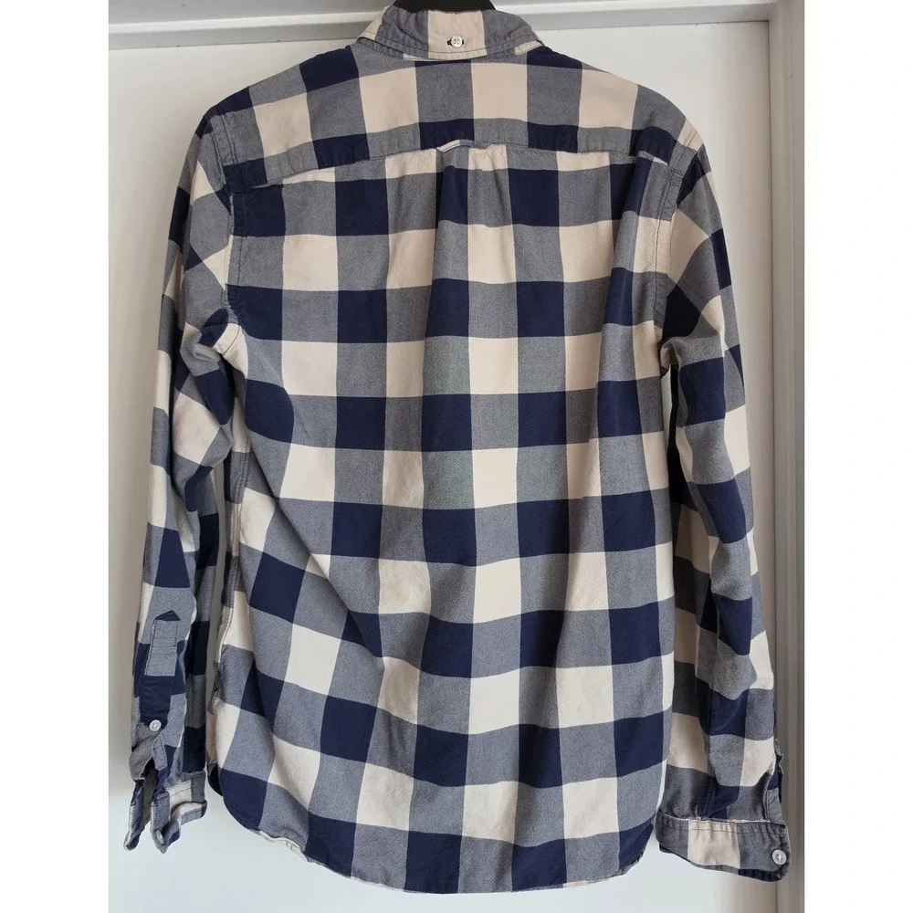 J.Crew Men's Long Sleeve Flannel Button-Up Shirt S Blue Beige Check Cotton